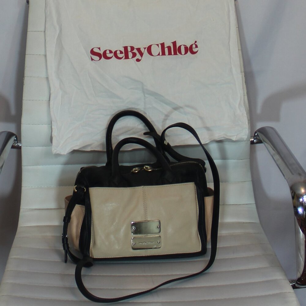 See by Chloe tote shoulder black beige  Leather adjust strap stylish purse